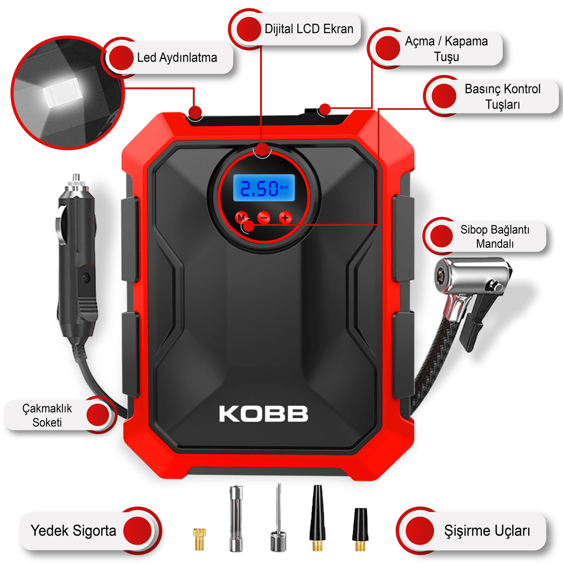 KOBB KB200 12Volt 150 PSI Ayarlanabilir Dijital Basınç Göstergeli Hava Lastik Şişirme Pompası - Onivias