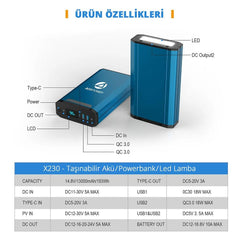 Acopower X230 14.8Volt 13Amper Li - ion Yedek Buzdolabı Aküsü + Powerbank + LED Lamba - Onivias