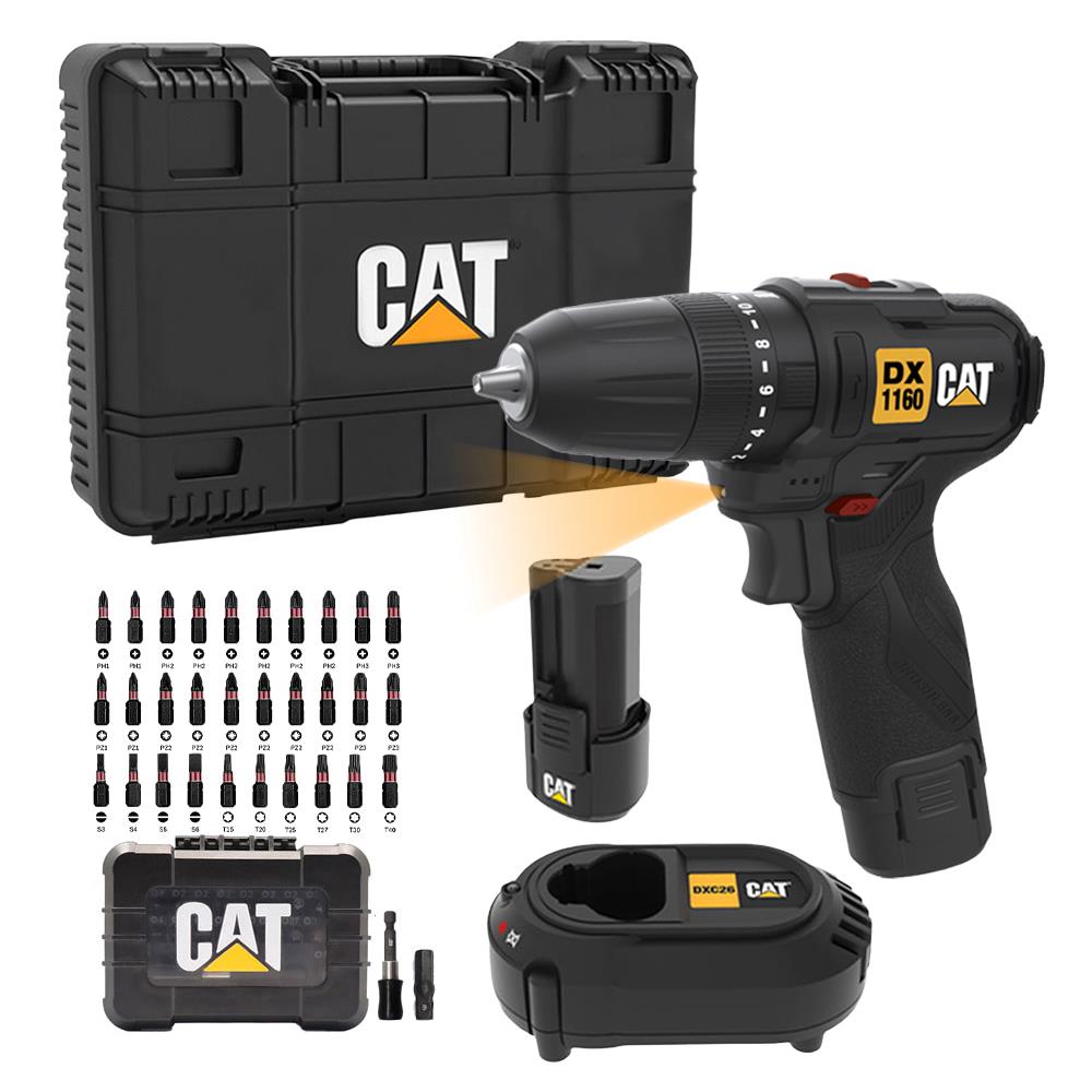 CAT DX1160 12Volt/2.0Ah Li - ion Çift Akülü Kömürsüz Profesyonel Şarjlı Darbeli Matkap + DA01901 32 Parça Aksesuar Seti - Onivias