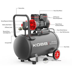KOBB KBK50S 2.0HP 50Lt 8Bar Yağsız Sessiz Taşınabilir Hava Kompresörü - Onivias