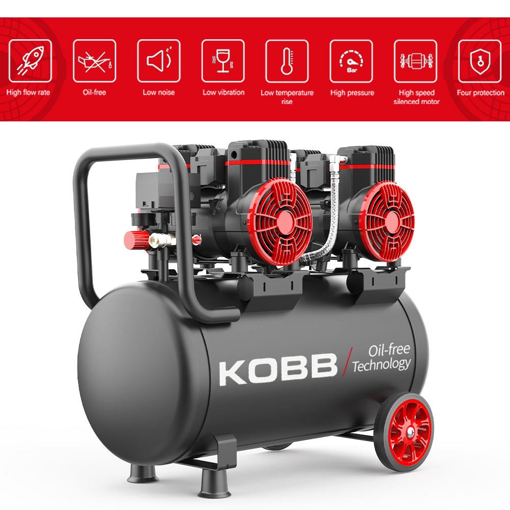 KOBB KBK50S2 4.0HP 50Lt 8Bar Çift Motorlu Yağsız Sessiz Taşınabilir Hava Kompresörü - Onivias