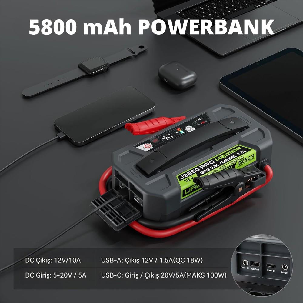 Lokithor J3250PRO 12V 3250Amp LiFePO4 Akıllı Akü Takviye + Powerbank + Led Lamba - görsel 5