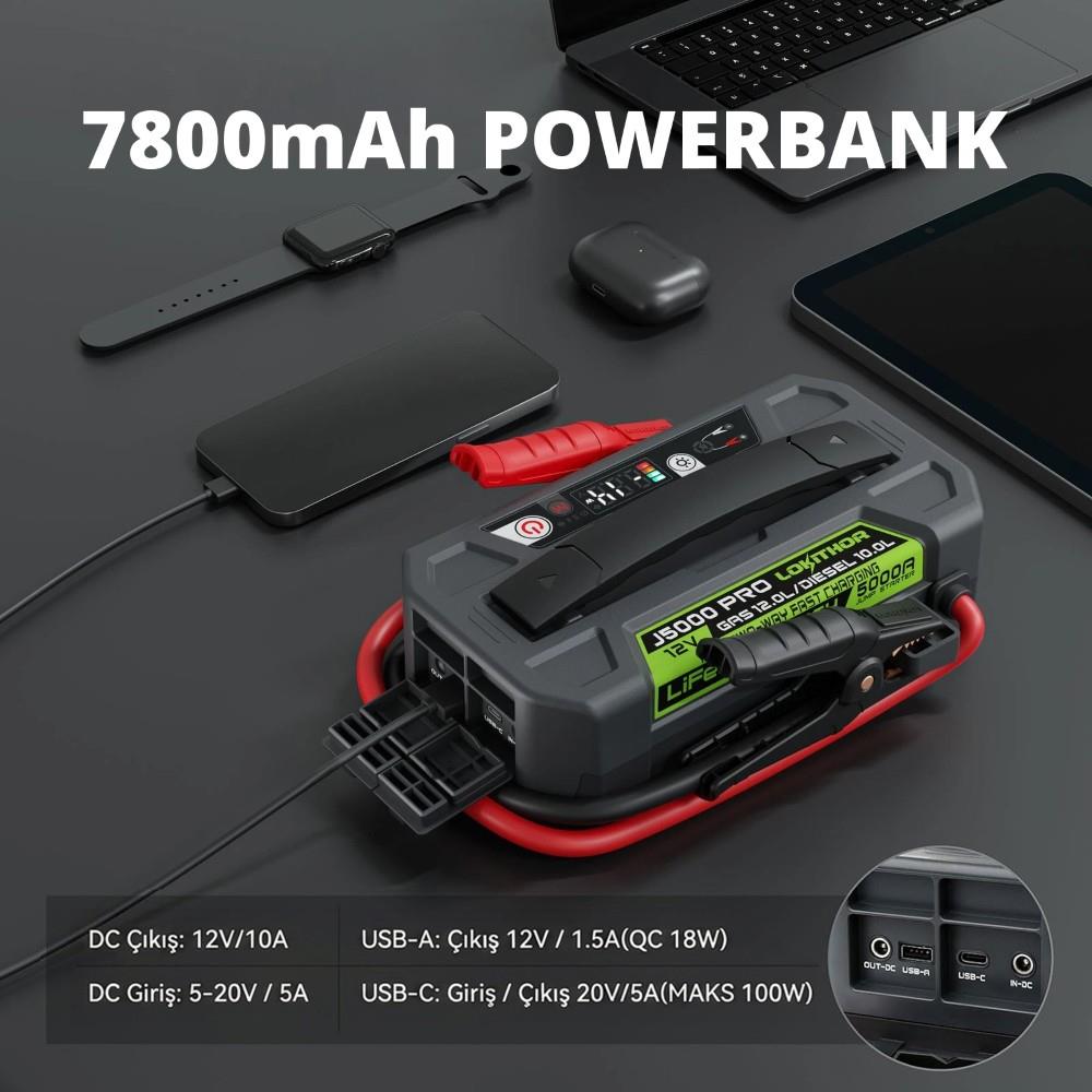 Lokithor J5000PRO 12V 5000Amp LiFePO4 Akıllı Akü Takviye + Powerbank + Led Lamba - görsel 5