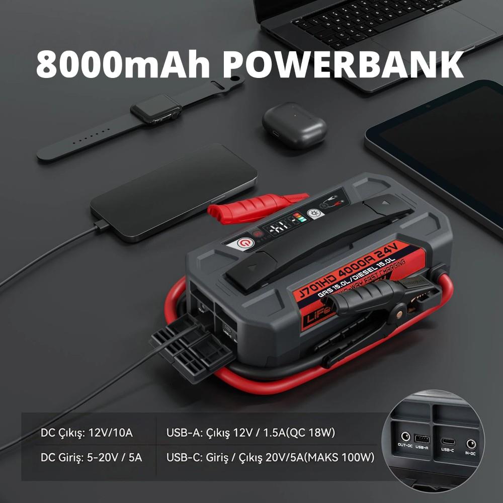 Lokithor J701HD 24V 4000Amp Li-Polimer Akıllı Akü Takviye + Powerbank + Led Lamba - görsel 5