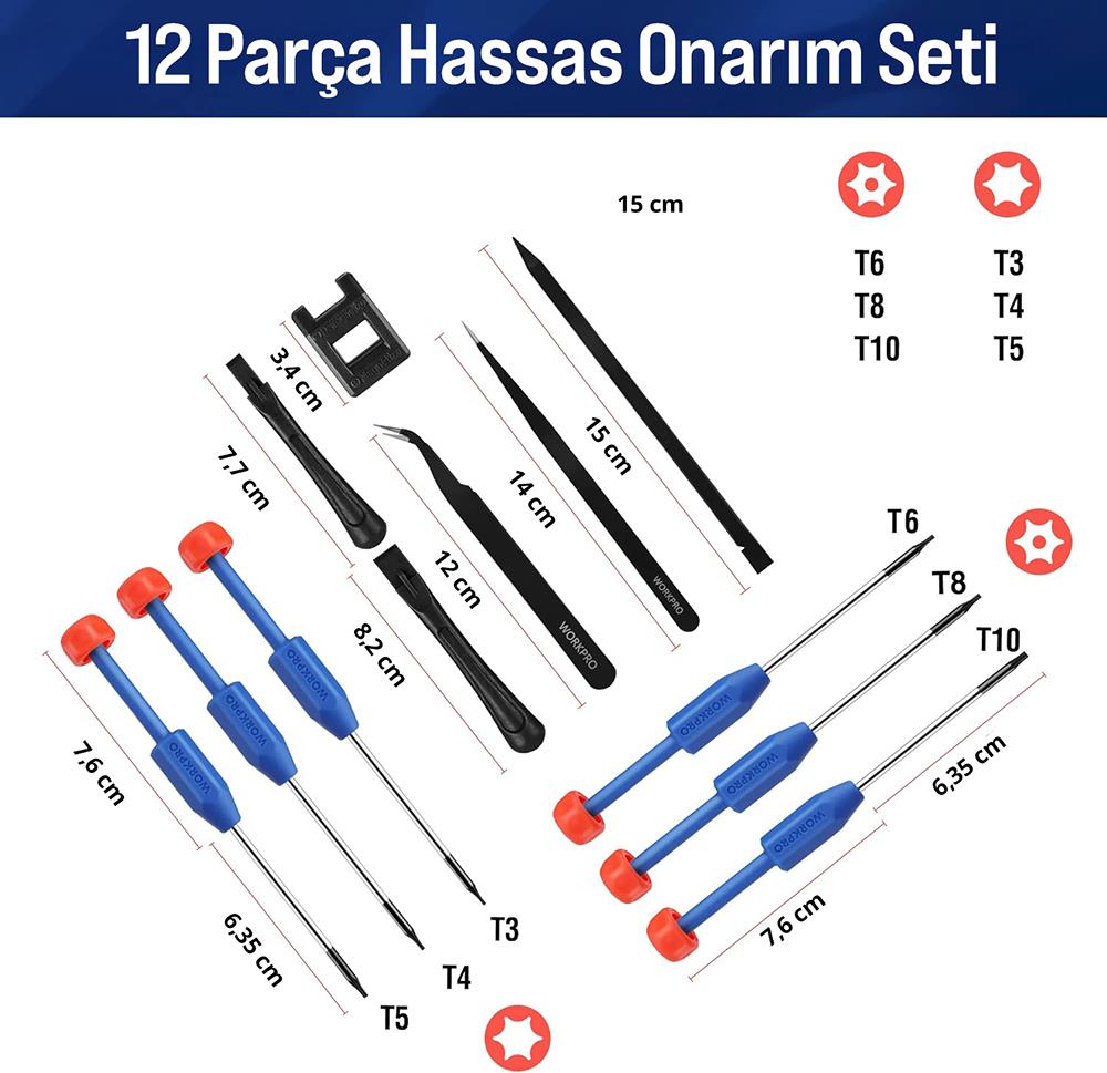WORKPRO WP200531 12 Parça CR - V Elektronikçi Hassas Profesyonel Onarım Seti - Onivias
