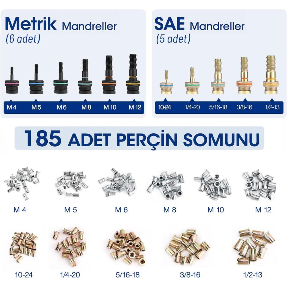 WORKPRO WP200532 400mm INC/MM Ağır Hizmet Kollu Somun Perçinleme Tabancası + 185 Adet Perçin - Onivias