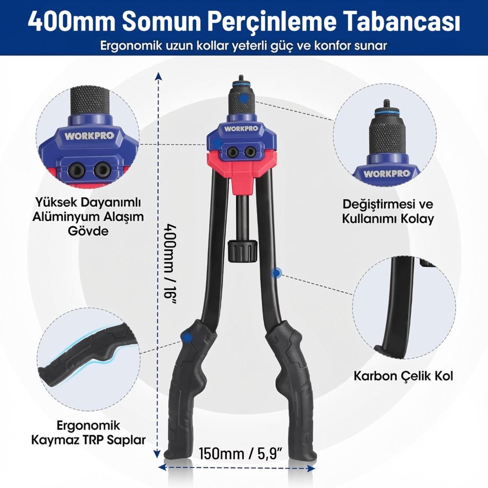 WORKPRO WP200532 400mm INC/MM Ağır Hizmet Kollu Somun Perçinleme Tabancası + 185 Adet Perçin - Onivias