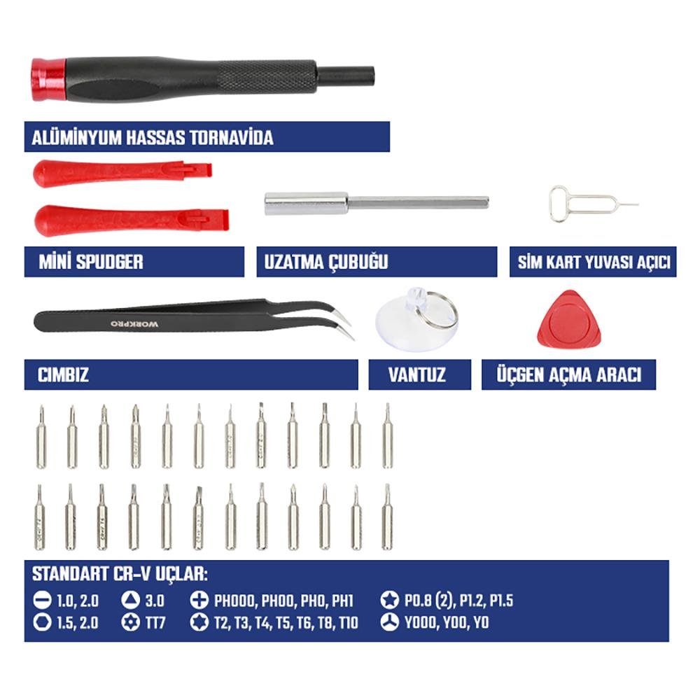 WORKPRO WP200541 32 Parça CR - V Hassas Elektronikçi/Telefoncu Profesyonel Onarım Seti - Onivias