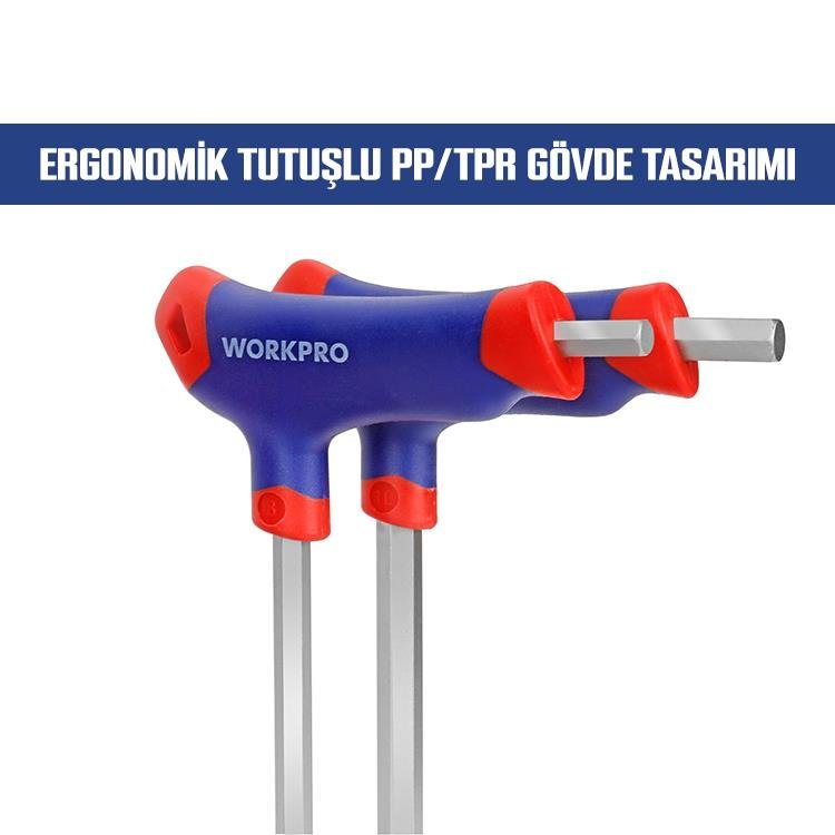 WORKPRO WP200542 8 Parça CR - V Top Başlı T Tipi Uzun Profesyonel Allen Anahtar Takımı - Onivias