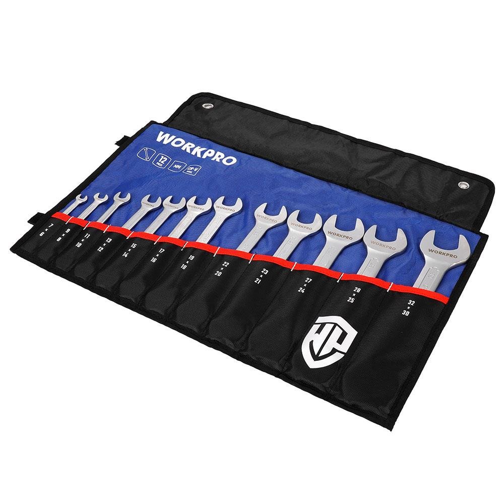 WORKPRO WP202507 6 - 32mm 12 Parça CR - V Profesyonel Açık Ağız Anahtar Takımı + Bez Taşıma Kılıfı - Onivias