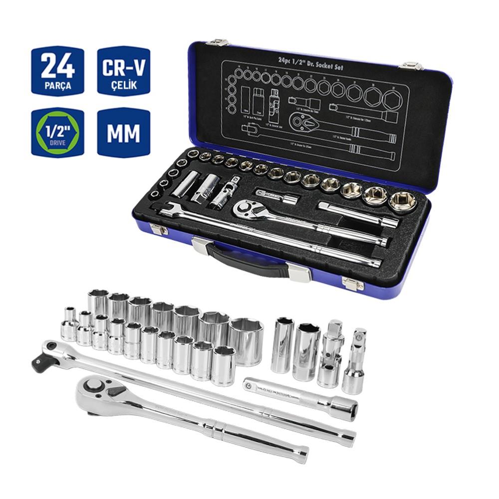 WORKPRO WP202564 1/2'’ Cr - V 24 Parça Metrik Ağır Hizmet Lokma Takımı - Onivias
