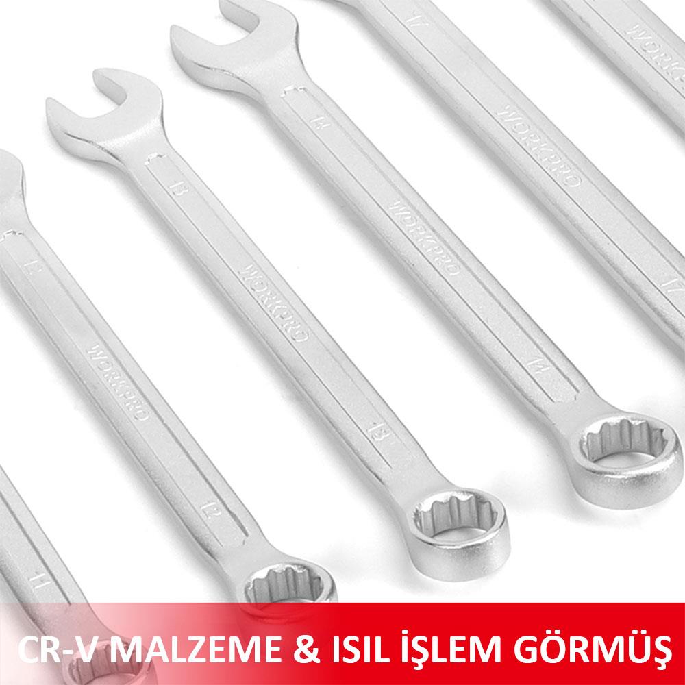 WORKPRO WP202575 8 - 19mm 8 Parça CR - V Profesyonel Kombine Anahtar Takımı + Bez Taşıma Kılıfı - Onivias