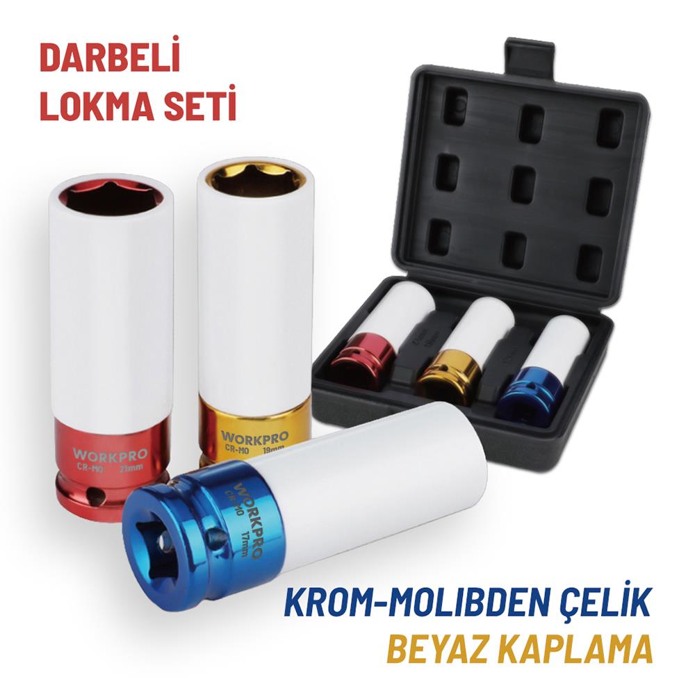 WORKPRO WP202591 17/19/21mm 3 Parça 1/2‘’ Cr - Mo Profesyonel Darbeli Derin Lokma Seti - Onivias