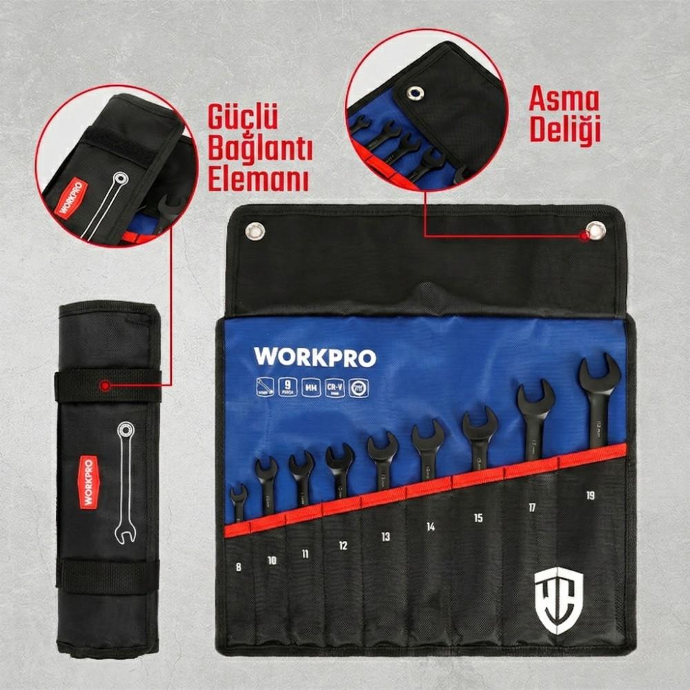 WORKPRO WP202602 8 - 19mm 9 Parça CR - V Profesyonel Cırcır Kombine Anahtar Takımı + Bez Taşıma Kılıfı - Onivias