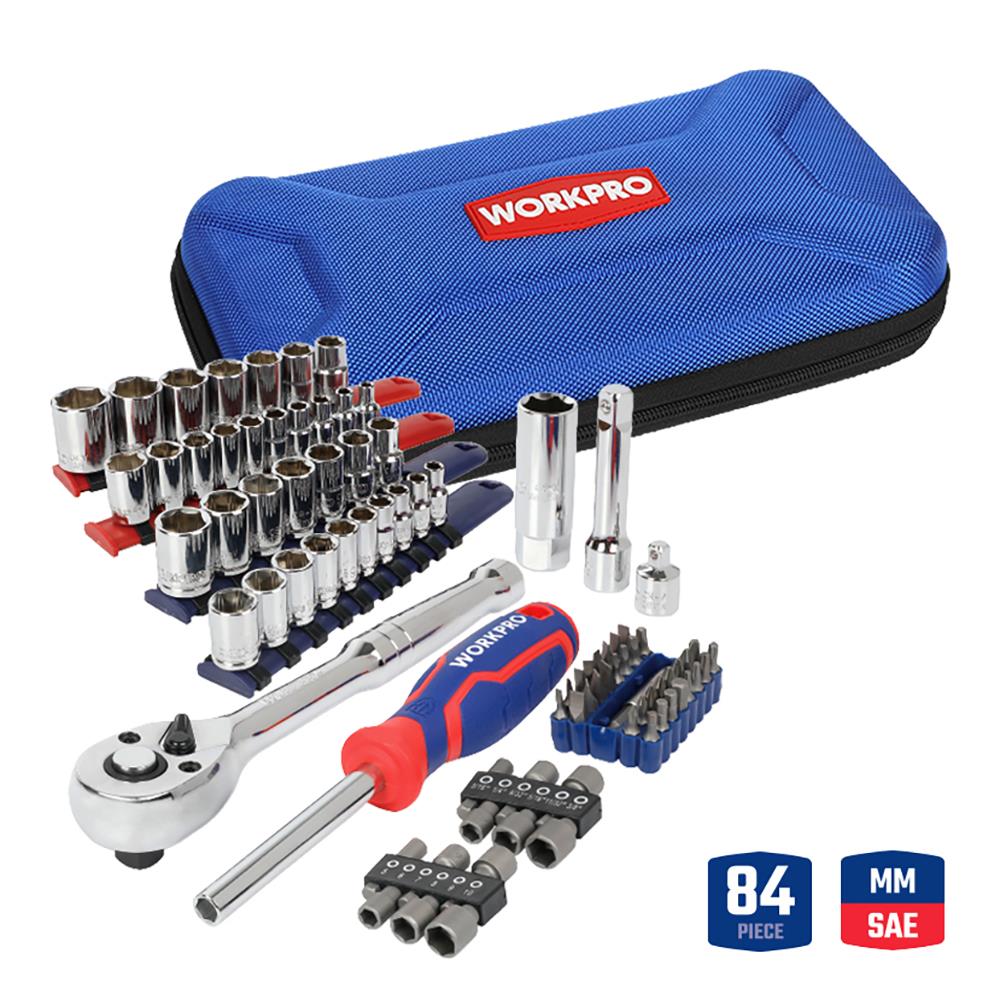 WORKPRO WP209006 84 Parça 3/8’’ 1/4’’ CR - V Metrik/İnç Profesyonel Lokma ve Bits Uç Takımı - Onivias