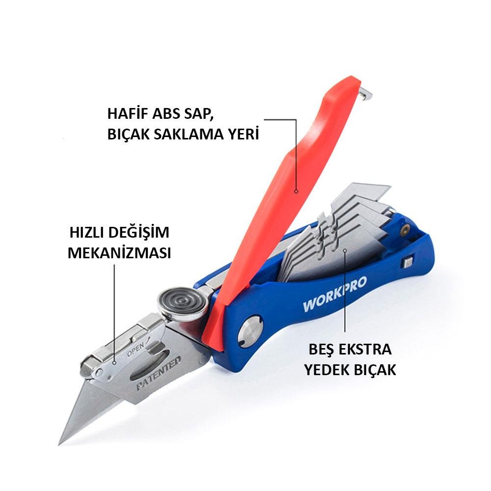 WORKPRO WP211006 Ağır Hizmet Paslanmaz Çelik Gövde Katlanır Rötuş Maket Bıçağı + 6 Adet Yedek Bıçak - Onivias