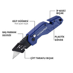 WORKPRO WP211008 Profesyonel Katlanır Çok Amaçlı Rötuş Maket Bıçağı + 10 Adet Yedek Bıçak - Onivias