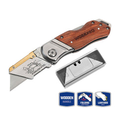 WORKPRO WP211014 Ağır Hizmet Paslanmaz Çelik/Ahşap Gövde Katlanır Rötuş Maket Bıçağı + 10 Adet Yedek Bıçak - Onivias
