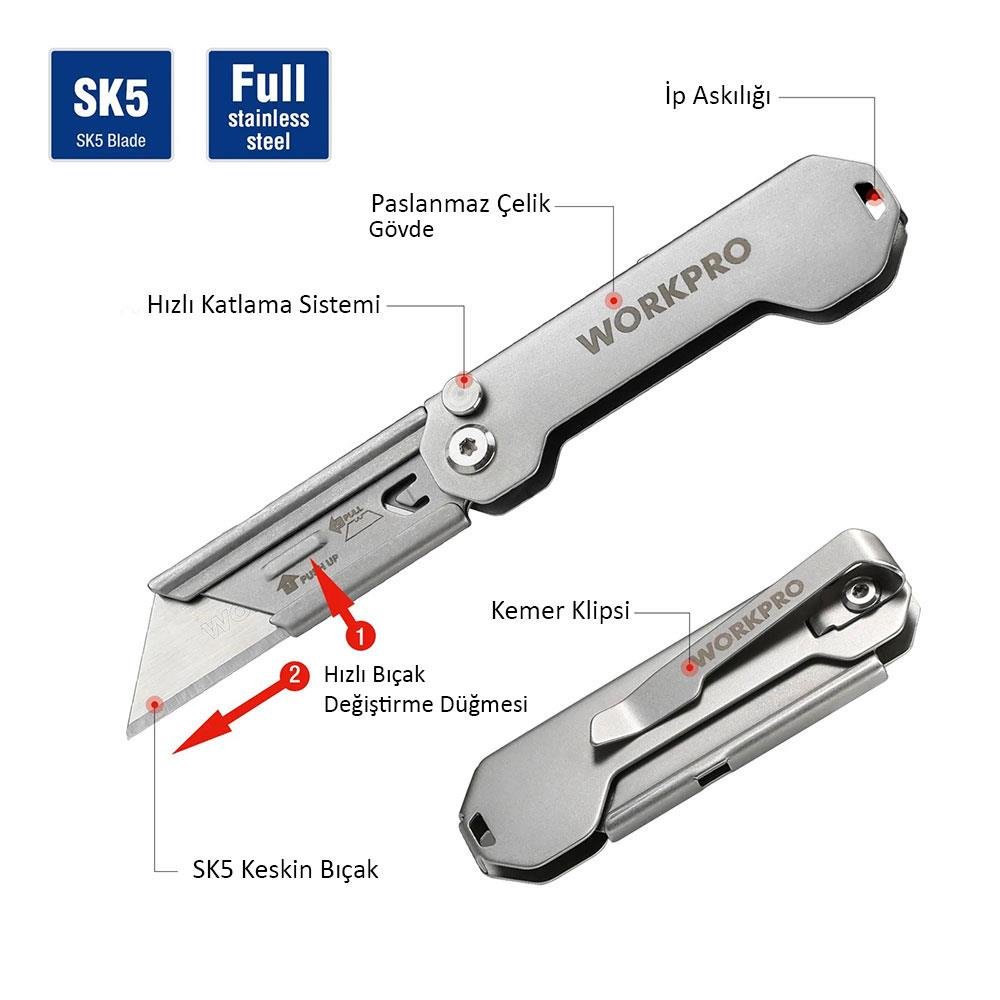 WORKPRO WP211016 Paslanmaz Çelik Gövde Katlanır Rötuş Maket Bıçağı - Onivias