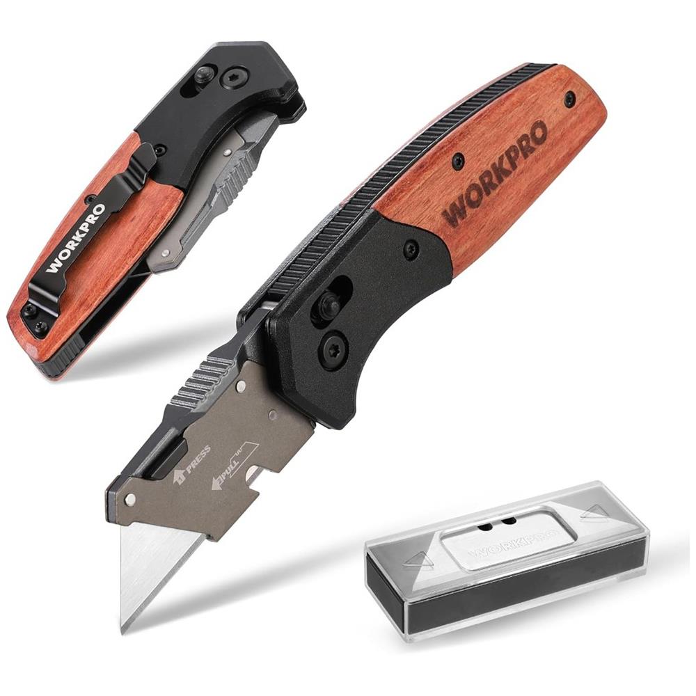 WORKPRO WP211035 Ağır Hizmet Çelik/Ahşap Gövde Katlanır Rötuş Maket Bıçağı + 11 Adet Yedek Bıçak - Onivias