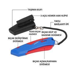 WORKPRO WP213010 Kemer Askı Kancalı Otomatik Geri Çekilebilir Mandallı Rötuş Maket Bıçağı + 3 Adet Yedek Bıçak - Onivias