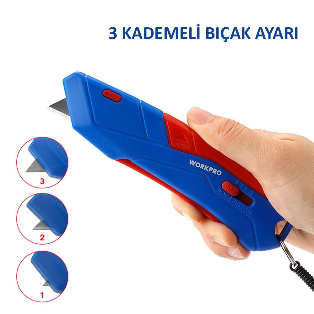 WORKPRO WP213010 Kemer Askı Kancalı Otomatik Geri Çekilebilir Mandallı Rötuş Maket Bıçağı + 3 Adet Yedek Bıçak - Onivias