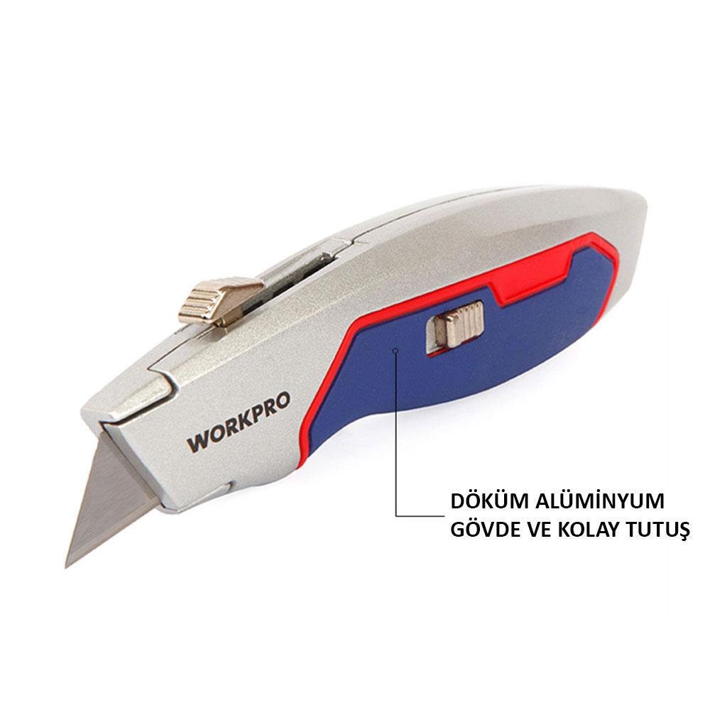 WORKPRO WP213011 Ağır Hizmet Alüminyum Gövde Geri Çekilebilir Rötuş Maket Bıçağı + 3 Adet Yedek Bıçak - Onivias