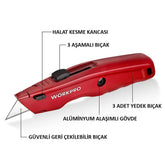 WORKPRO WP213017 Ağır Hizmet Alüminyum Gövde Geri Çekilebilir Rötuş Maket Bıçağı + 3 Adet Yedek Bıçak - Onivias