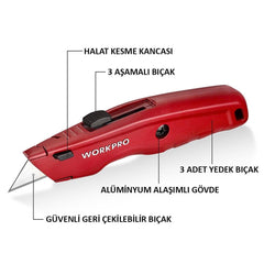 WORKPRO WP213017 Ağır Hizmet Alüminyum Gövde Geri Çekilebilir Rötuş Maket Bıçağı + 3 Adet Yedek Bıçak - Onivias