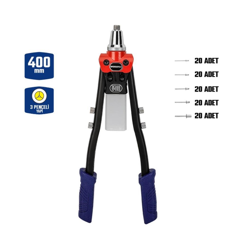 WORKPRO WP225001 5 IN 1 400mm Kollu Profesyonel Perçin Tabancası + 100 Adet Perçin - Onivias