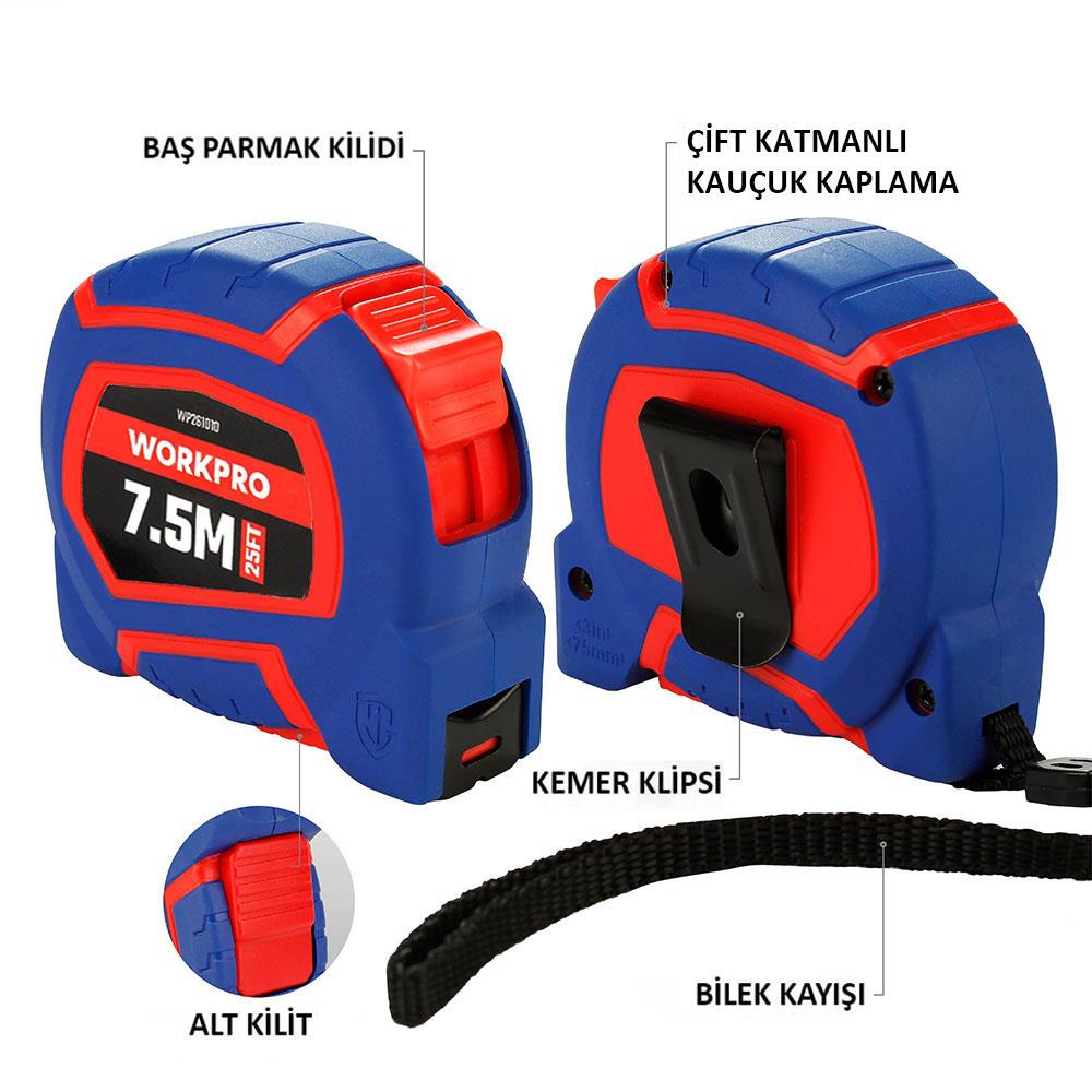 WORKPRO WP261010 7,5Mx25mm/25Ft. Naylon Kaplama Sarı Çelik Şerit Metre - Onivias