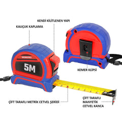 WORKPRO WP261041 5Mx25mm Naylon Kaplama Sarı Çift Taraflı Manyetik Çelik Şerit Metre - Onivias