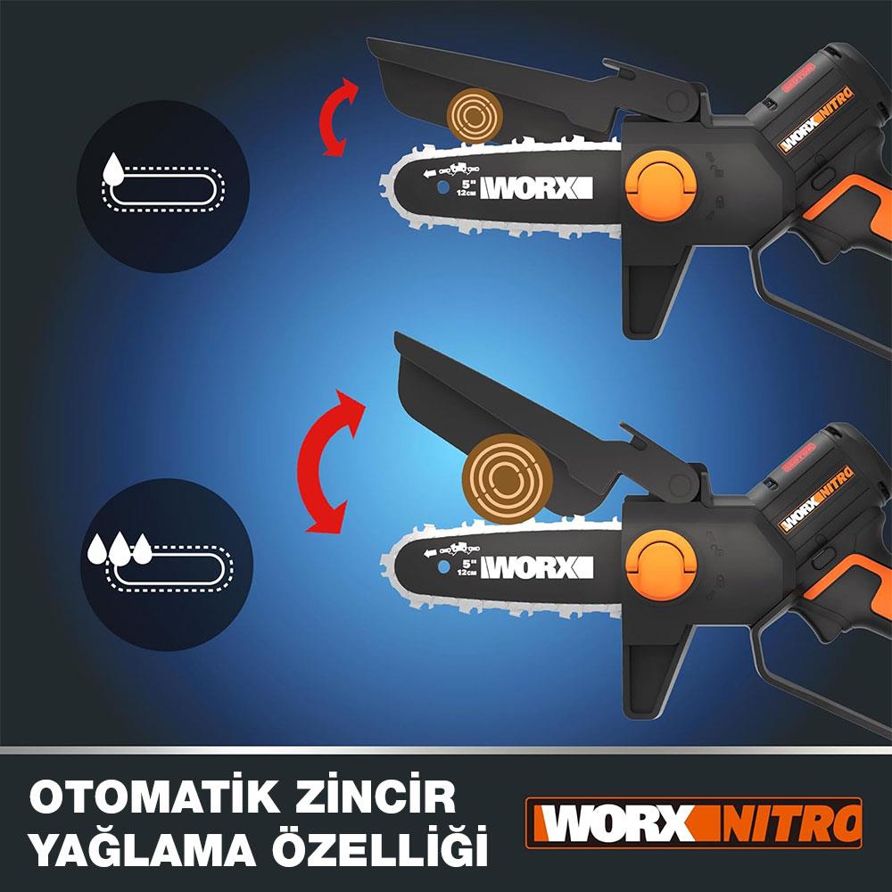 WORX WG325E 20Volt 2.0Ah Li - ion 12CM Profesyonel Şarjlı Kömürsüz Zincirli Testere - Onivias