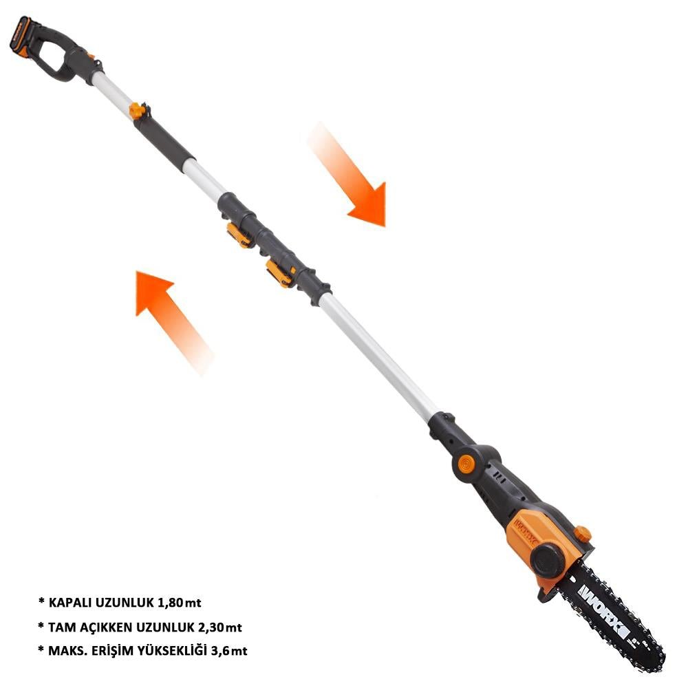 WORX WG349E 20Volt 2.0Ah Li - ion Tek Akülü 20CM Profesyonel Teleskobik Saplı Açı Ayarlı Zincirli Dal Budama - Onivias