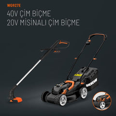 WORX WG927E 40Volt 2.0Ah. Li - ion 34cm Profesyonel Şarjlı Çim Biçme + WG157E.9 20Volt Misinalı Çim ve Kenar Kesme - Onivias