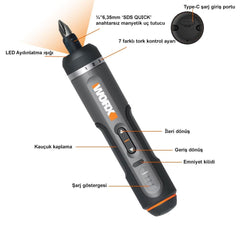 WORX WX242 4Volt/2.0Ah. Li - ion Akıllı Tork Ayarlı Şarjlı Tornavida + 30 Adet Bits Uç - Onivias