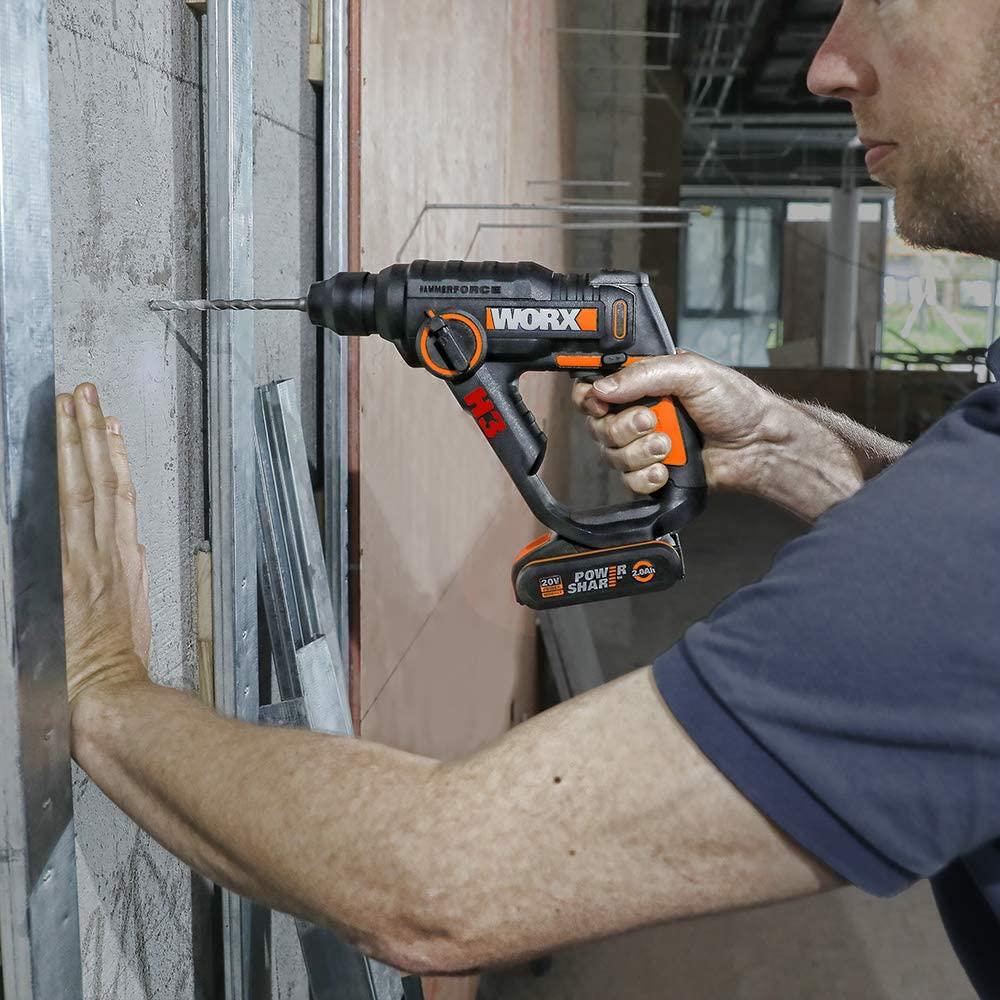 WORX WX390.1 20Volt 2.0Ah. Li - ion 1.2J Profesyonel SDS - Plus Pnömatik Çift Akülü Şarjlı Matkap + 8 Adet Uç + Mandren - Onivias