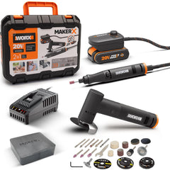 WORX WX990 MAKERX 20Volt 2.0Ah. Kömürsüz Profesyonel Kalem Tipi Devir Ayarlı Gravür + 50MM Açılı Avuç Taşlama Kombo Set + 39 Parça aksesuar - Onivias