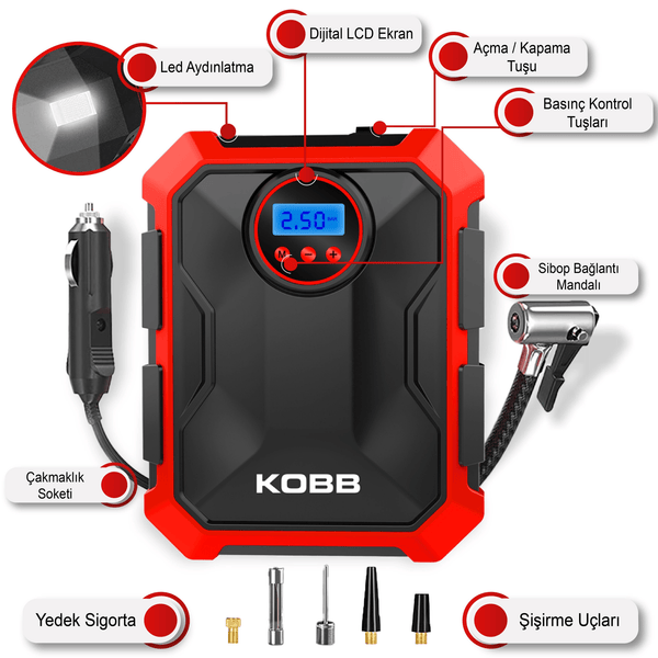 KOBB KB200 12Volt 150 PSI Ayarlanabilir Dijital Basınç Göstergeli Hava Lastik Şişirme Pompası - Onivias