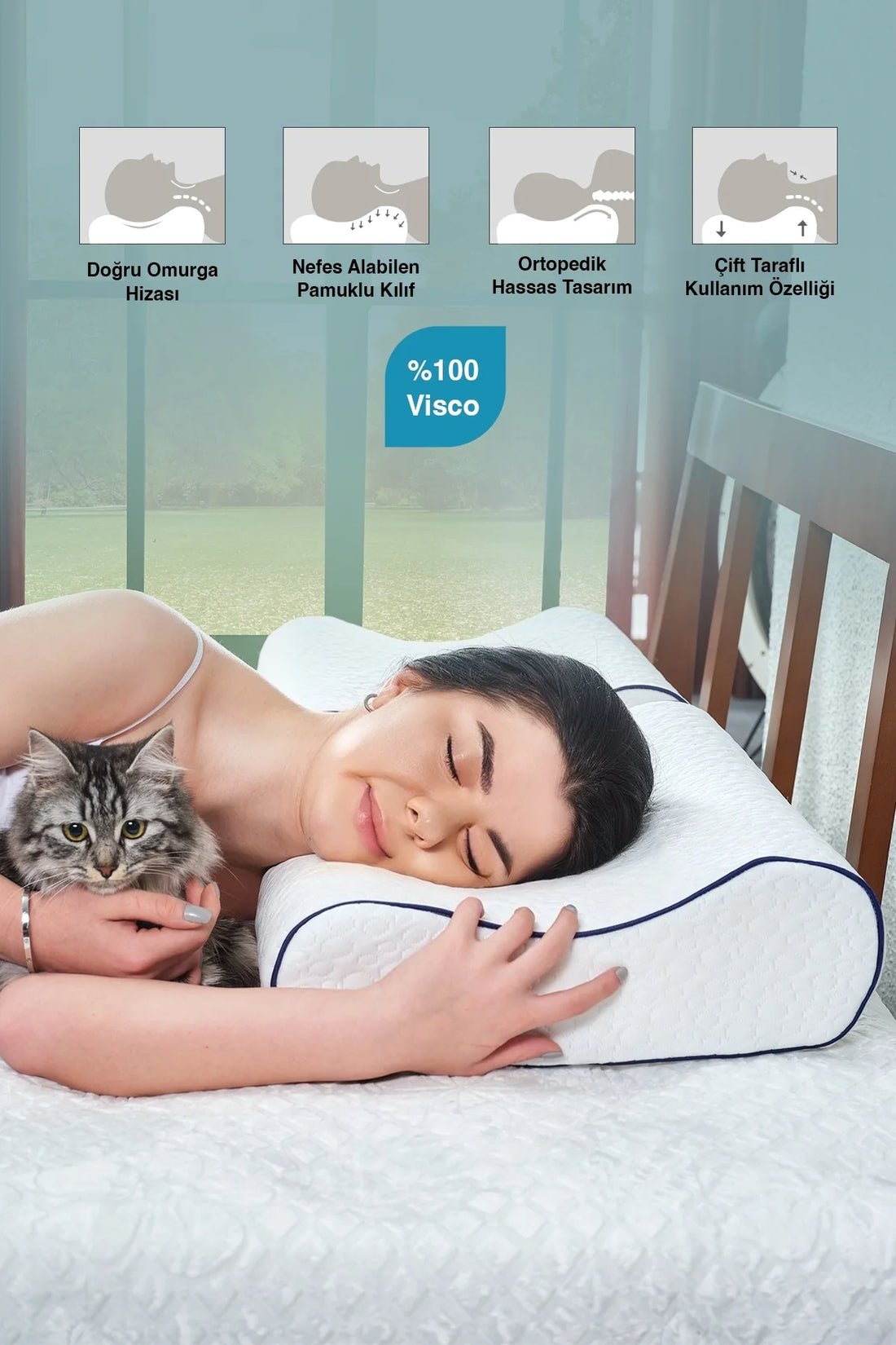 Bera Yatak TwinLüks Çift Boyun Destekli Boyun Fıtığı Boyun Düzleşmesi İçin Ortopedik Visco Yastık