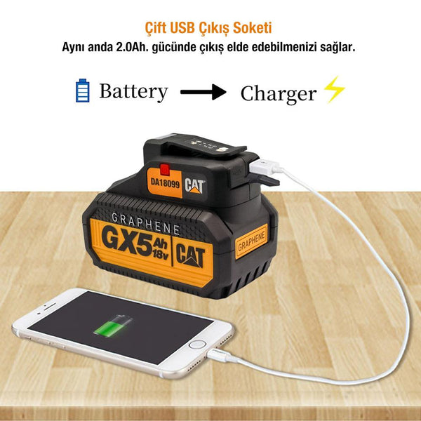 CAT DA18099 18Volt 2A Çift Çıkışlı USB Port + LED Fener (Akü Dahil Değildir) - Onivias