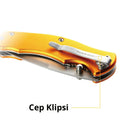 CAT DA980011 Kemer Askı Kancalı Cam Kırma Uçlu Katlanabilir 17CM Paslanmaz Çelik Sarı Kamp Çakısı