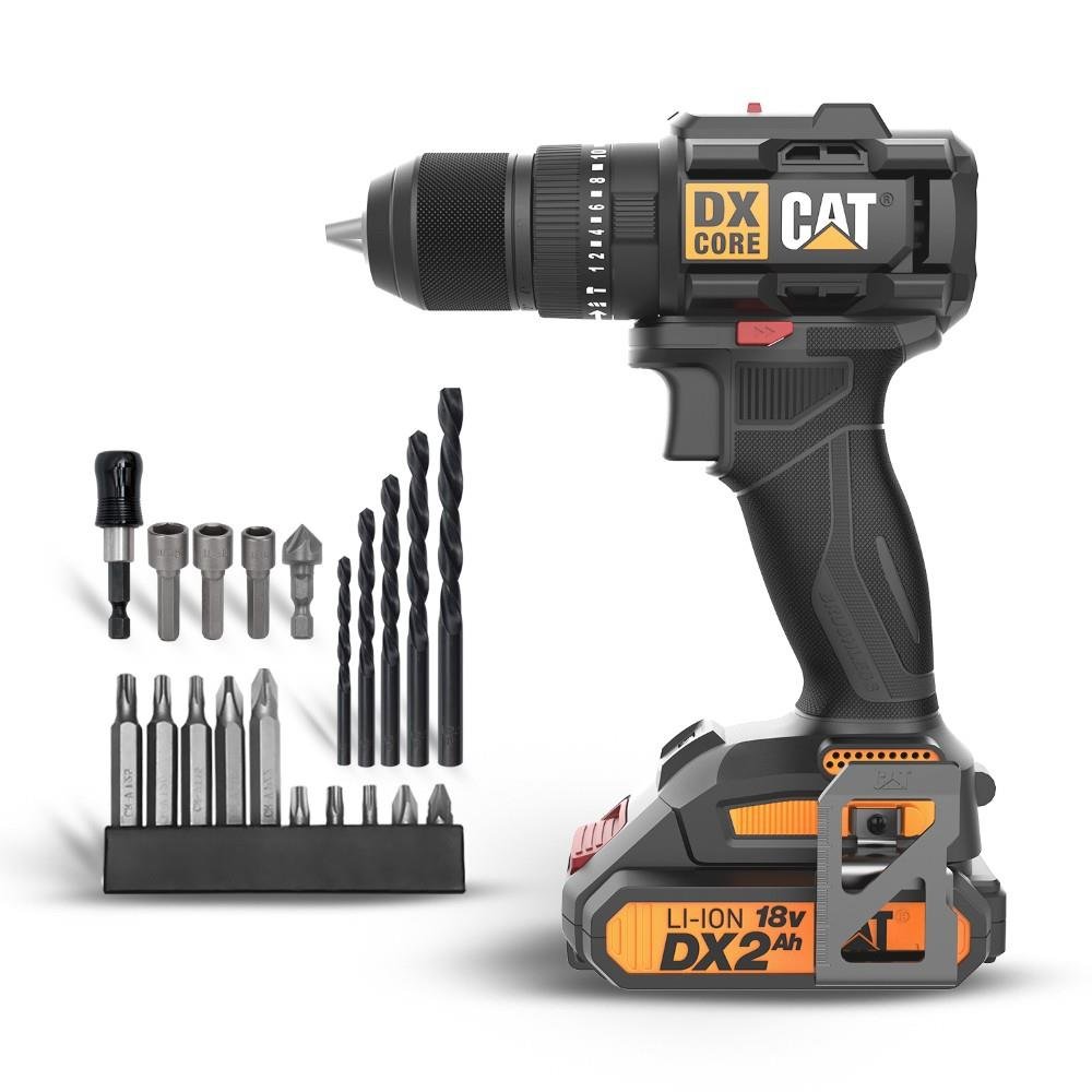 CAT DX1010.1 18Volt 2.0Ah Li - ion Çift Akülü Kömürsüz Profesyonel Şarjlı Darbeli Matkap + 20 Parça Delme Vidalama Uç Seti - Onivias