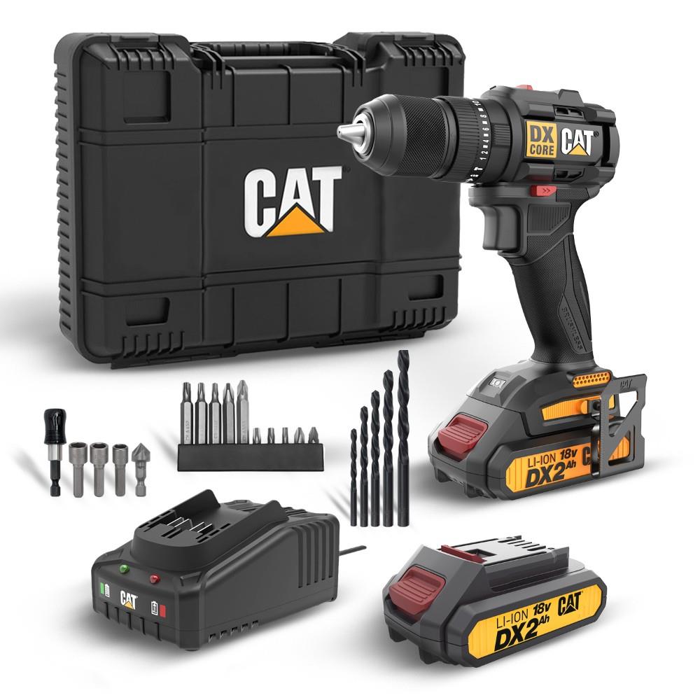 CAT DX1010.1 18Volt 2.0Ah Li - ion Çift Akülü Kömürsüz Profesyonel Şarjlı Darbeli Matkap + 20 Parça Delme Vidalama Uç Seti - Onivias