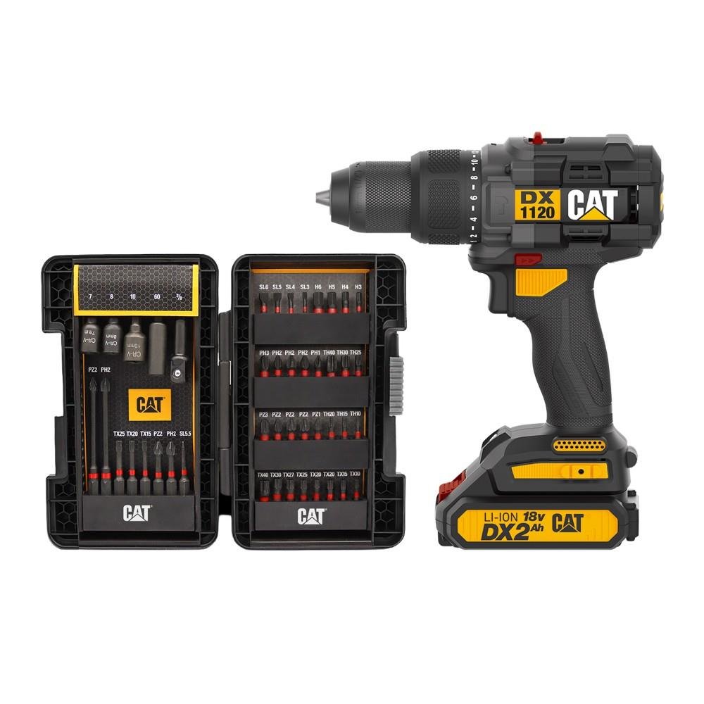 CAT DX1120 18Volt/2.0Ah Li - ion Çift Akülü Kömürsüz Profesyonel Şarjlı Darbeli Matkap + DA01902 45 Parça Vidalama Uç Seti - Onivias