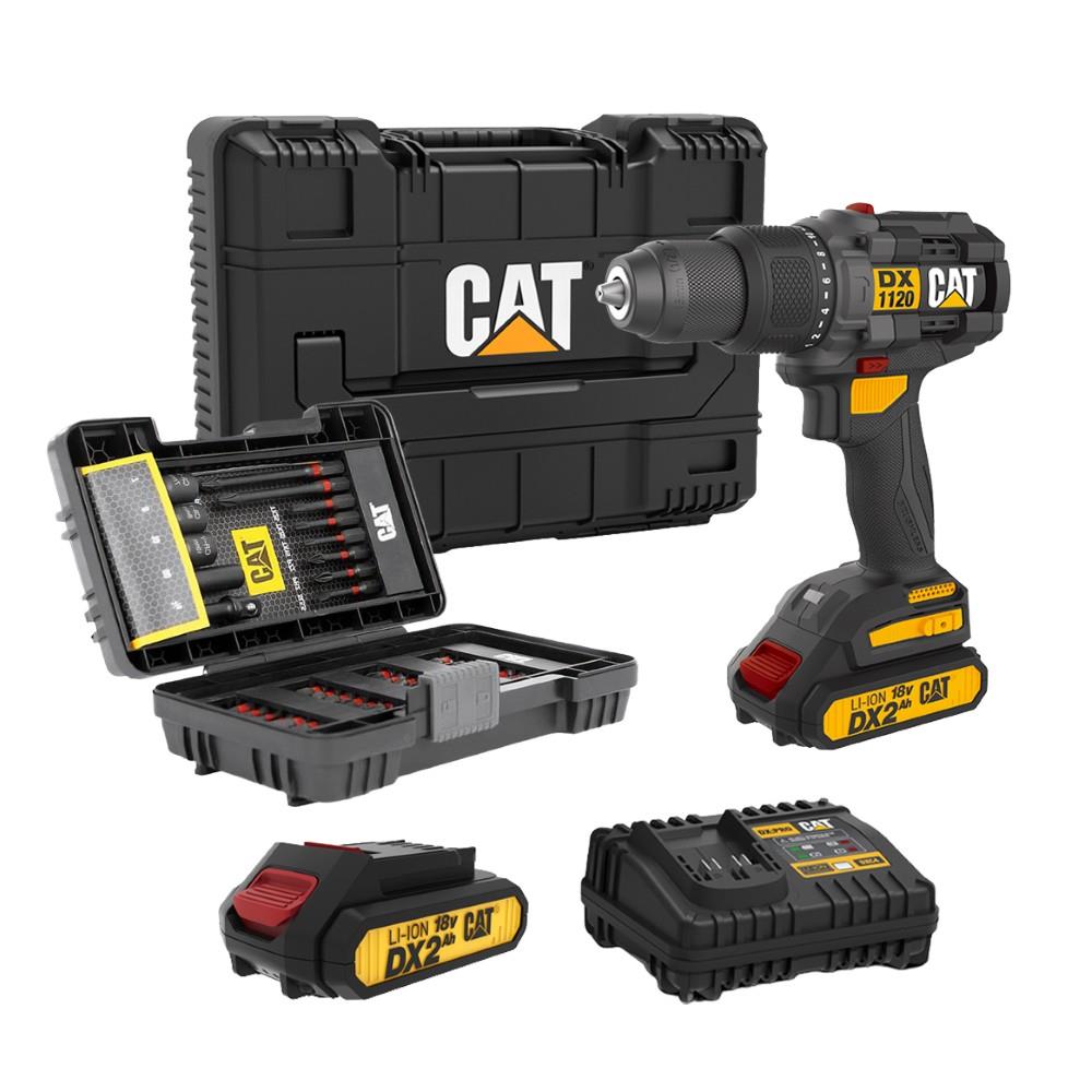 CAT DX1120 18Volt/2.0Ah Li - ion Çift Akülü Kömürsüz Profesyonel Şarjlı Darbeli Matkap + DA01902 45 Parça Vidalama Uç Seti - Onivias