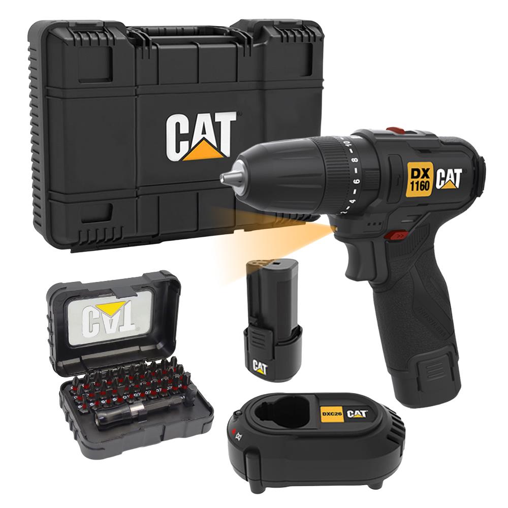 CAT DX1160 12Volt/2.0Ah Li - ion Çift Akülü Kömürsüz Profesyonel Şarjlı Darbeli Matkap + DA01901 32 Parça Aksesuar Seti - Onivias