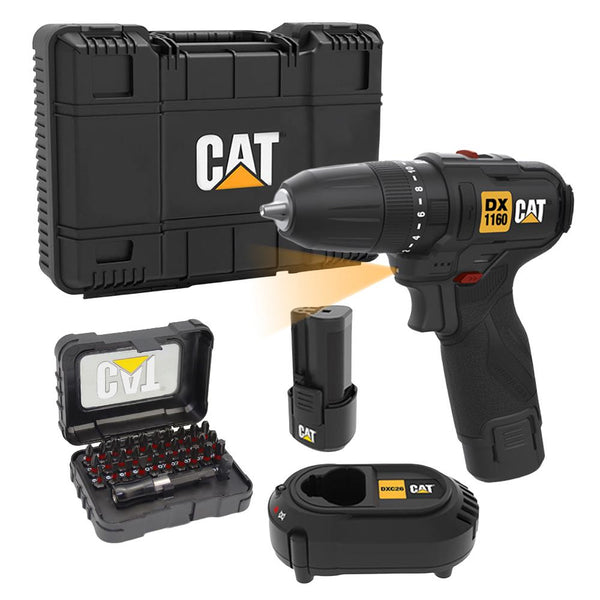 CAT DX1160 12Volt/2.0Ah Li - ion Çift Akülü Kömürsüz Profesyonel Şarjlı Darbeli Matkap + DA01901 32 Parça Aksesuar Seti - Onivias