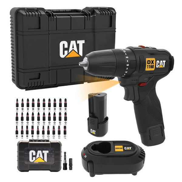 CAT DX1160 12Volt/2.0Ah Li - ion Çift Akülü Kömürsüz Profesyonel Şarjlı Darbeli Matkap + DA01901 32 Parça Aksesuar Seti - Onivias
