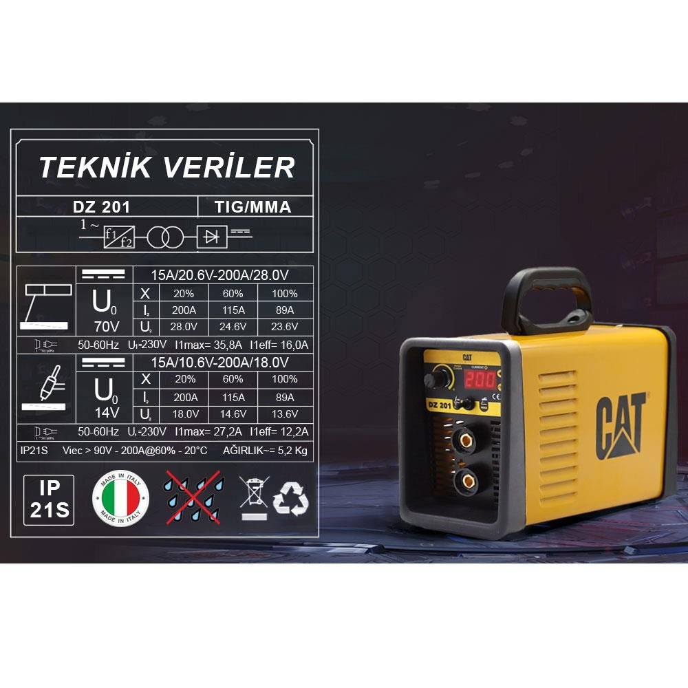 CAT DZ201T 200 Amper TIG LIFT/MMA Çanta Tipi Profesyonel Dijital İnverter Kaynak Makinesi + CAT DX37 Avuç Taşlama - Onivias